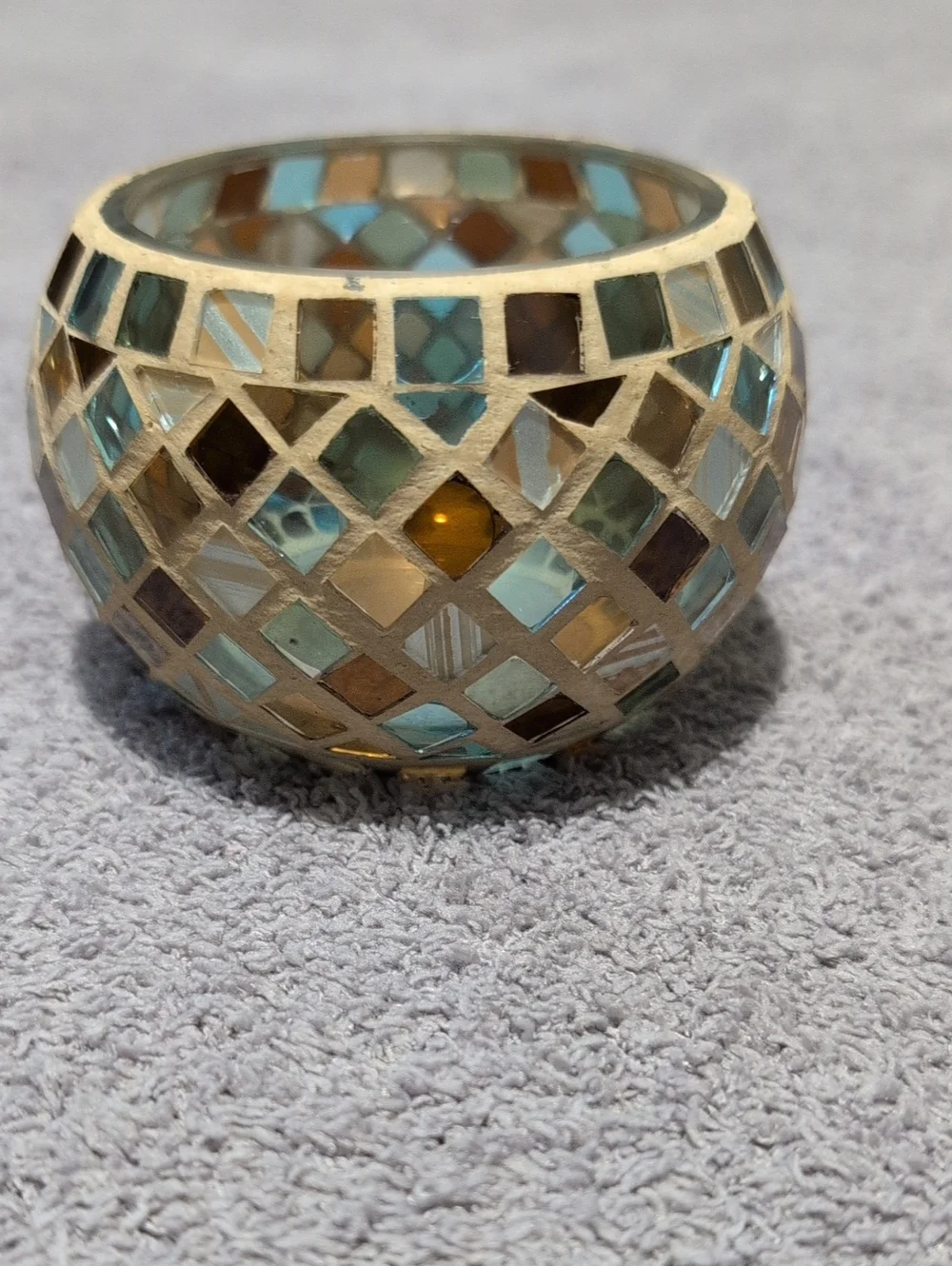 Mosaic Glass Tea Light Holder - Aqua, Gold, Brown